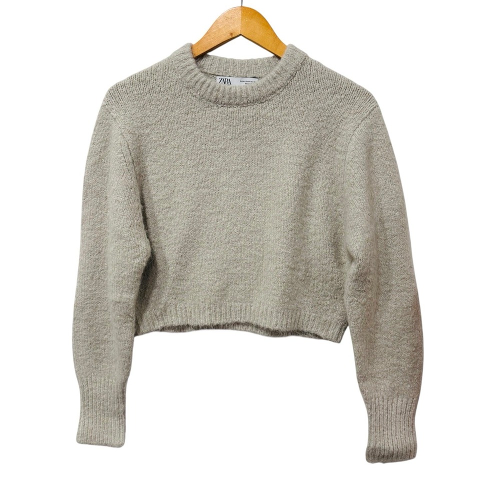 ZARA Sweater Women Medium Gray Cropped Alpaca Wool Blend Knit Crew Neck Pullover